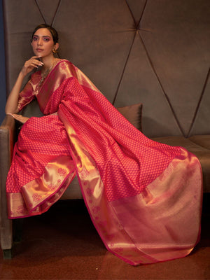 Rajwada Orange And Pink Woven Design Silk Blend Saree With Unstitched Blouse For Women