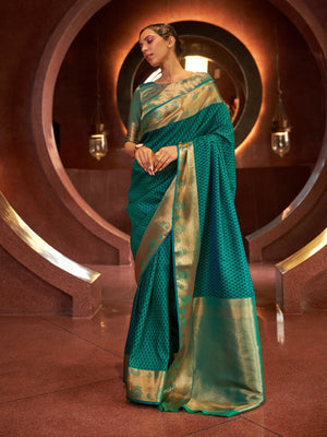 Rajwada Green And Gold Woven Design Silk Blend Saree With Unstitched Blouse For Women