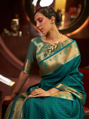 Rajwada Green And Gold Woven Design Silk Blend Saree With Unstitched Blouse For Women
