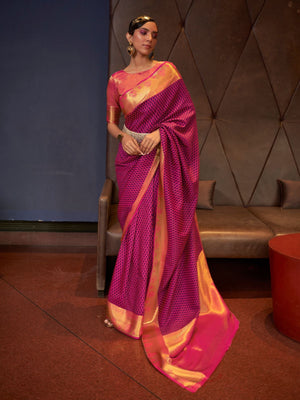 Rajwada Magenta And Gold Woven Design Silk Blend Saree With Unstitched Blouse For Women