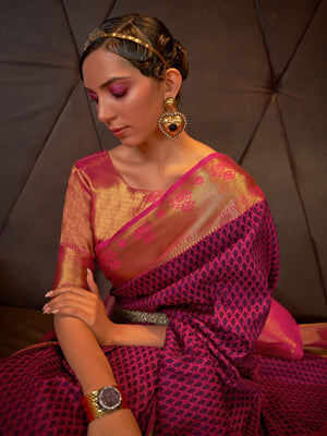 Rajwada Magenta And Gold Woven Design Silk Blend Saree With Unstitched Blouse For Women