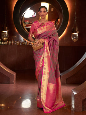 Rajwada Pink And Green Woven Design Silk Blend Saree With Unstitched Blouse For Women