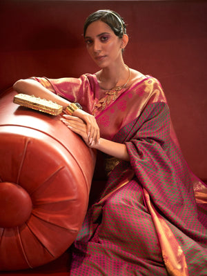 Rajwada Pink And Green Woven Design Silk Blend Saree With Unstitched Blouse For Women