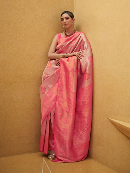 Rajwada Pink Woven Design Silk Blend Saree With Unstitched Blouse For Women