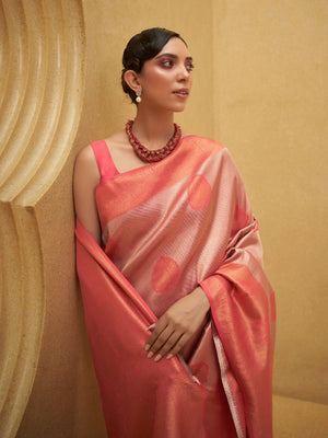 Rajwada Pink Woven Design Silk Blend Saree With Unstitched Blouse For Women