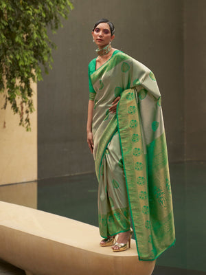 Rajwada Green Woven Design Silk Blend Saree With Unstitched Blouse For Women