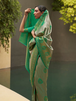 Rajwada Green Woven Design Silk Blend Saree With Unstitched Blouse For Women