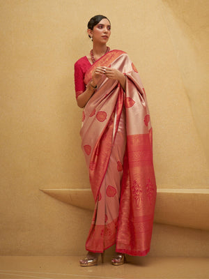 Rajwada Red Woven Design Silk Blend Saree With Unstitched Blouse For Women