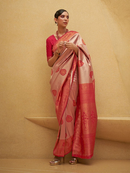 Rajwada Red Woven Design Silk Blend Saree With Unstitched Blouse For Women