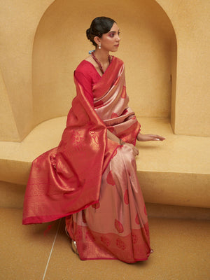 Rajwada Red Woven Design Silk Blend Saree With Unstitched Blouse For Women