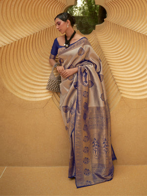 Rajwada Navy Blue And Gold Woven Design Silk Blend Saree With Unstitched Blouse For Women