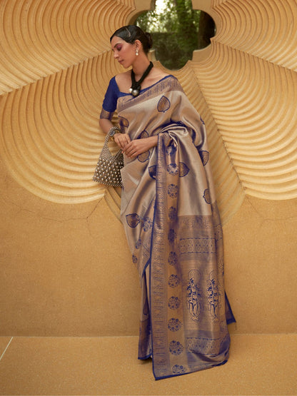 Rajwada Navy Blue And Gold Woven Design Silk Blend Saree With Unstitched Blouse For Women
