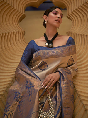 Rajwada Navy Blue And Gold Woven Design Silk Blend Saree With Unstitched Blouse For Women