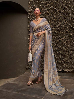 Rajwada Grey Woven Design Silk Blend Saree With Unstitched Blouse For Women