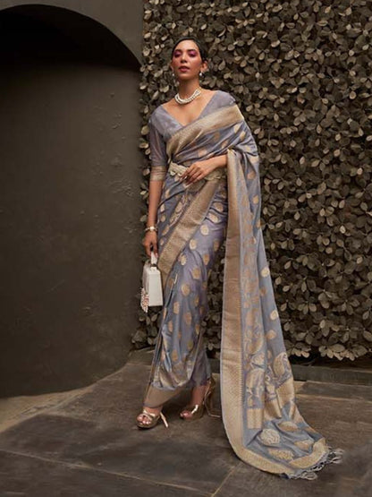 Rajwada Grey Woven Design Silk Blend Saree With Unstitched Blouse For Women