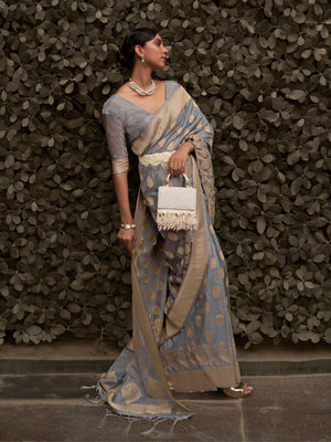 Rajwada Grey Woven Design Silk Blend Saree With Unstitched Blouse For Women