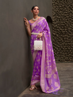 Rajwada Purple Woven Design Silk Blend Saree With Unstitched Blouse For Women