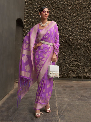 Rajwada Purple Woven Design Silk Blend Saree With Unstitched Blouse For Women