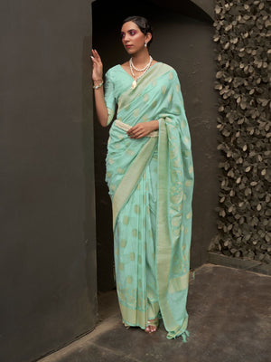 Rajwada Sea Green Woven Design Silk Blend Saree With Unstitched Blouse For Women