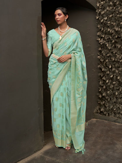 Rajwada Sea Green Woven Design Silk Blend Saree With Unstitched Blouse For Women