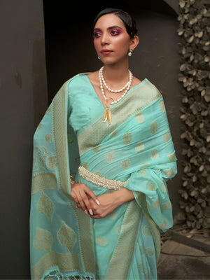 Rajwada Sea Green Woven Design Silk Blend Saree With Unstitched Blouse For Women