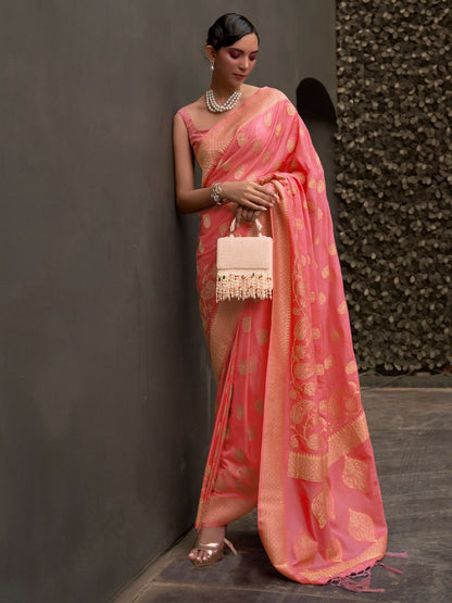 Rajwada Pink Woven Design Silk Blend Saree With Unstitched Blouse For Women