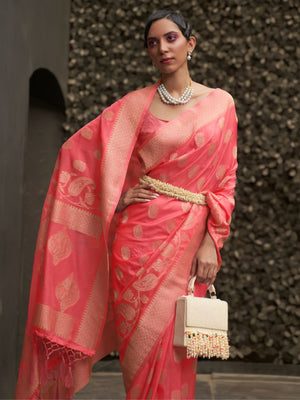 Rajwada Pink Woven Design Silk Blend Saree With Unstitched Blouse For Women