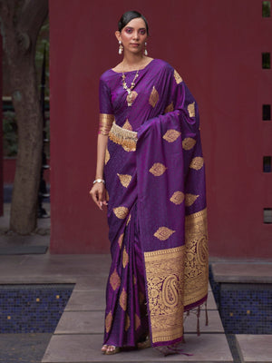 Rajwada Purple Woven Design Silk Blend Saree With Unstitched Blouse For Women