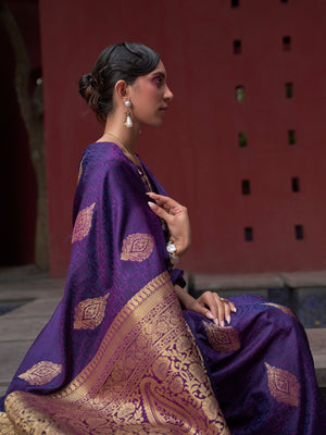 Rajwada Purple Woven Design Silk Blend Saree With Unstitched Blouse For Women