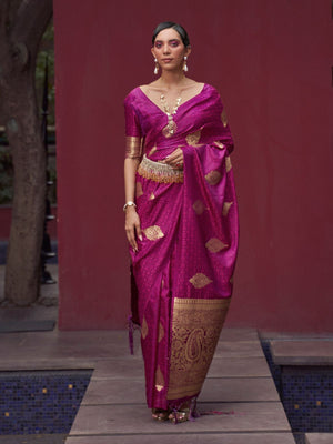 Rajwada Magenta Woven Design Silk Blend Saree With Unstitched Blouse For Women