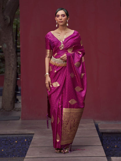 Rajwada Magenta Woven Design Silk Blend Saree With Unstitched Blouse For Women
