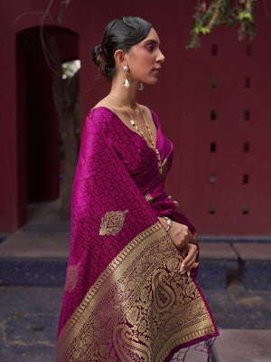 Rajwada Magenta Woven Design Silk Blend Saree With Unstitched Blouse For Women