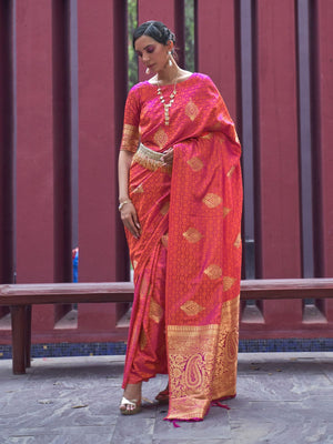 Rajwada Orange Woven Design Silk Blend Saree With Unstitched Blouse For Women