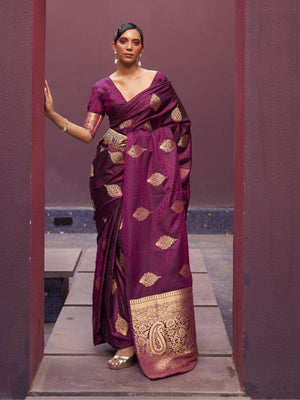 Rajwada Purple Woven Design Silk Blend Saree With Unstitched Blouse For Women