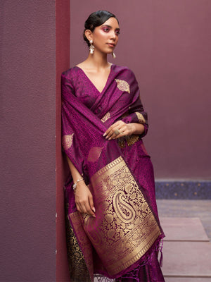 Rajwada Purple Woven Design Silk Blend Saree With Unstitched Blouse For Women