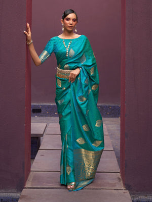 Rajwada Teal Woven Design Silk Blend Saree With Unstitched Blouse For Women