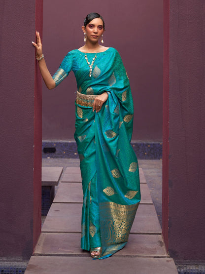 Rajwada Teal Woven Design Silk Blend Saree With Unstitched Blouse For Women