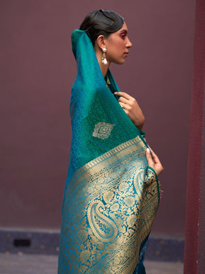 Rajwada Teal Woven Design Silk Blend Saree With Unstitched Blouse For Women