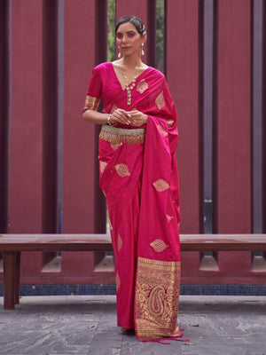 Rajwada Pink Woven Design Silk Blend Saree With Unstitched Blouse For Women
