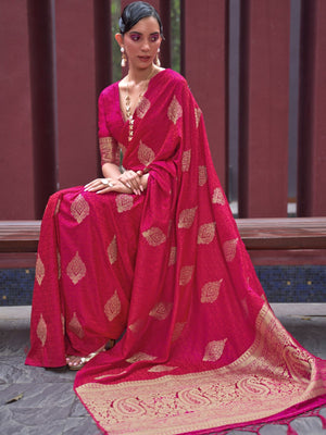 Rajwada Pink Woven Design Silk Blend Saree With Unstitched Blouse For Women