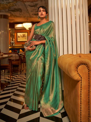 Rajwada Green Woven Design Silk Blend Saree With Unstitched Blouse For Women