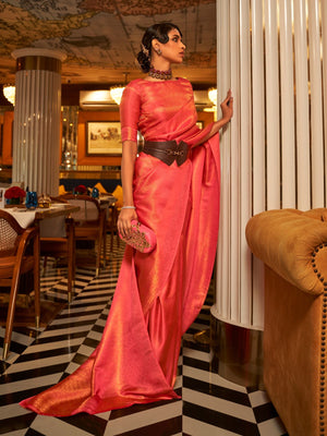 Rajwada Pink Woven Design Silk Blend Saree With Unstitched Blouse For Women