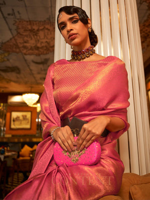 Rajwada Pink Woven Design Silk Blend Saree With Unstitched Blouse For Women
