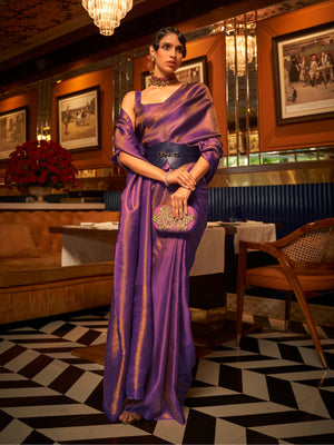 Rajwada Purple Woven Design Silk Blend Saree With Unstitched Blouse For Women