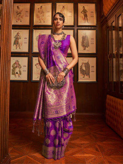 Rajwada Purple Woven Design Silk Blend Saree With Unstitched Blouse For Women