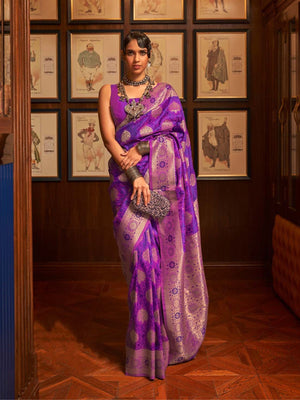 Rajwada Purple Woven Design Silk Blend Saree With Unstitched Blouse For Women