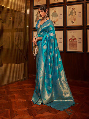 Rajwada Teal Woven Design Silk Blend Saree With Unstitched Blouse For Women