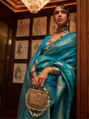 Rajwada Teal Woven Design Silk Blend Saree With Unstitched Blouse For Women