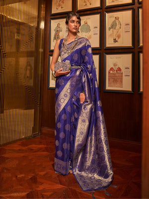Rajwada Navy Blue Woven Design Silk Blend Saree With Unstitched Blouse For Women
