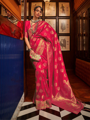 Rajwada Pink Woven Design Silk Blend Saree With Unstitched Blouse For Women